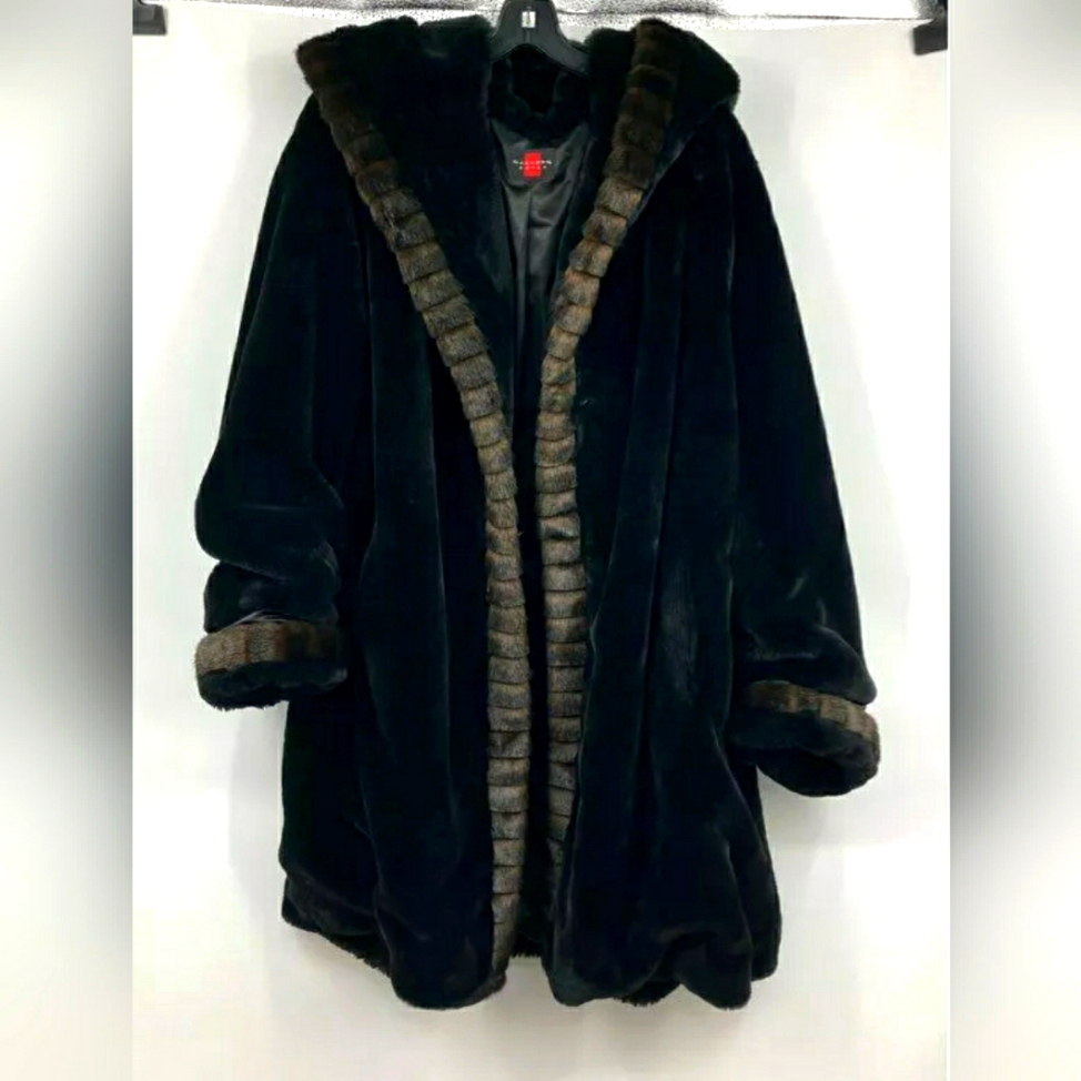 Gallery Designer Woman Faux Fur Women's Coat Hood Black/Brown Unknown Size
